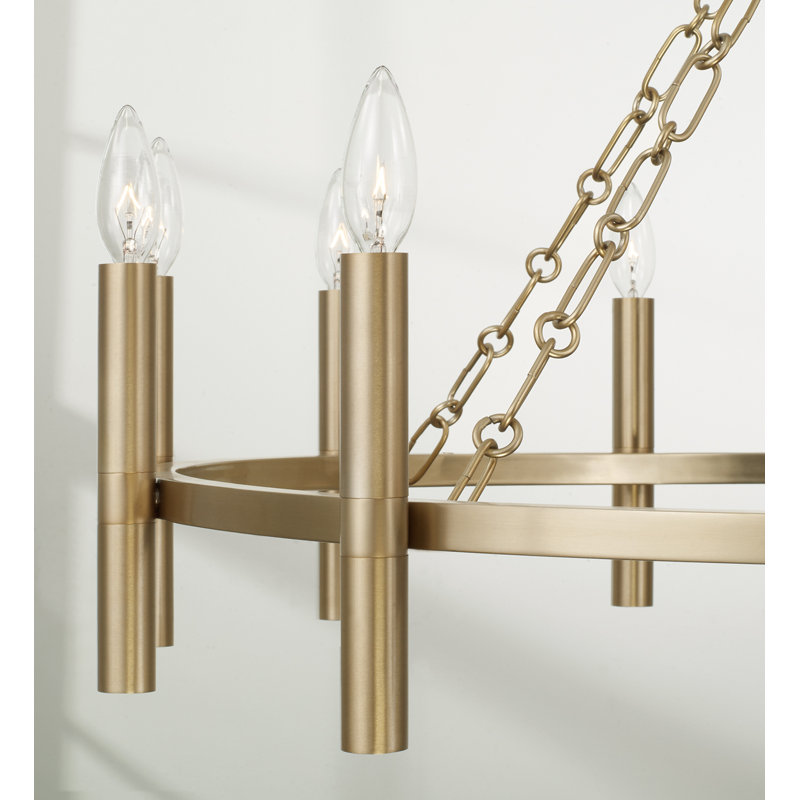 35" W x 24" H 10-Light Ring Chandelier in Matte Brass with Cylindrical Candlesticks and Specialty Decorative Designer Chain