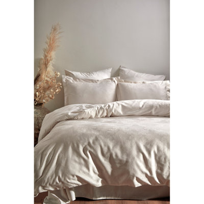 Ensemble de housse de couette double Luxury Satin, crème, 79 x 87 po | 100% satin de coton, jacquard, 210 fils au pouce carré | Comprend 2 taies d'oreiller standard et 2 taies d'oreiller européennes; solution de literie élégante, lavable à la machine et confortable