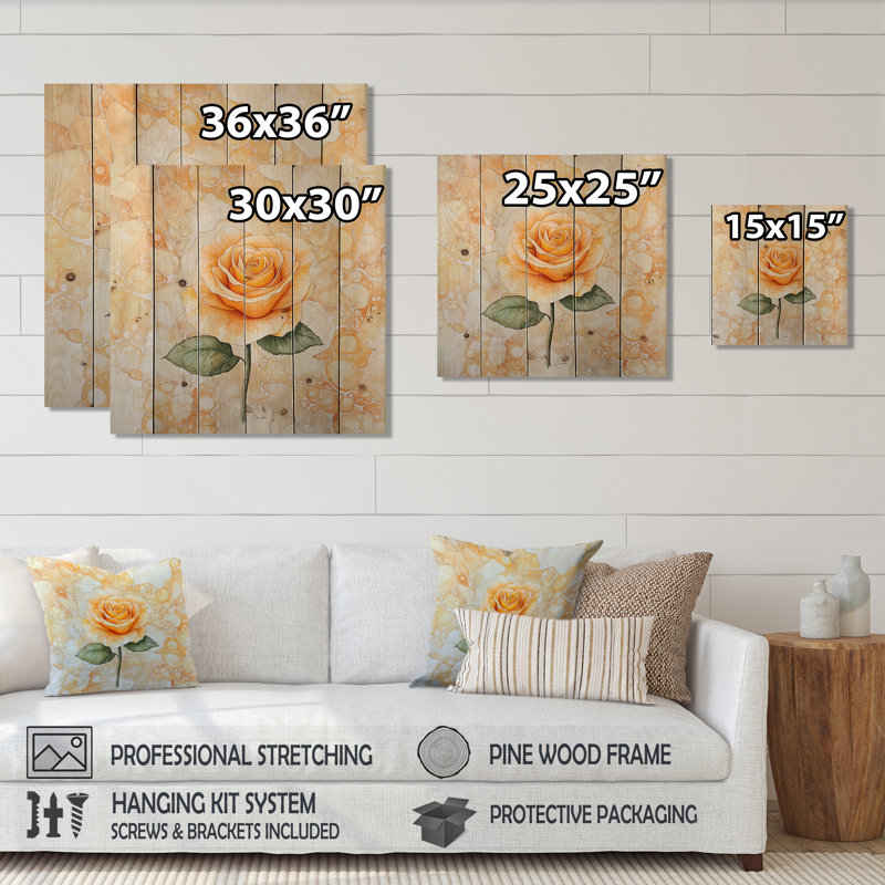 Gemme citrine beige pétales de rose III - Art mural traditionnel sur bois de pin naturel, H 25 po x l 25 po