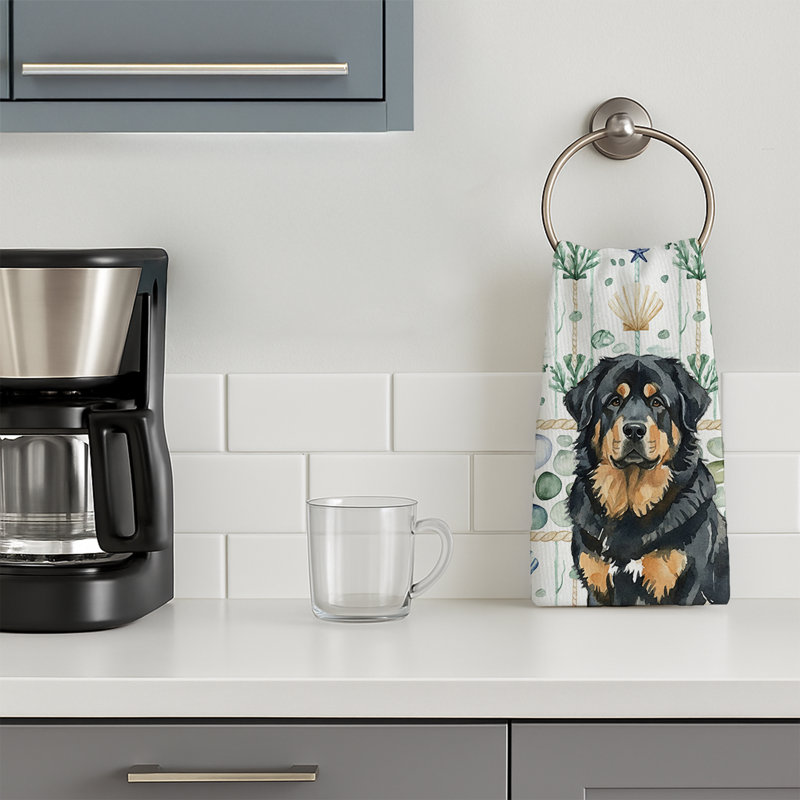 Black and Tan Tibetan Mastiff Coastal Sea Glass Kitchen Towel, Black and Tan Tibetan Mastiff