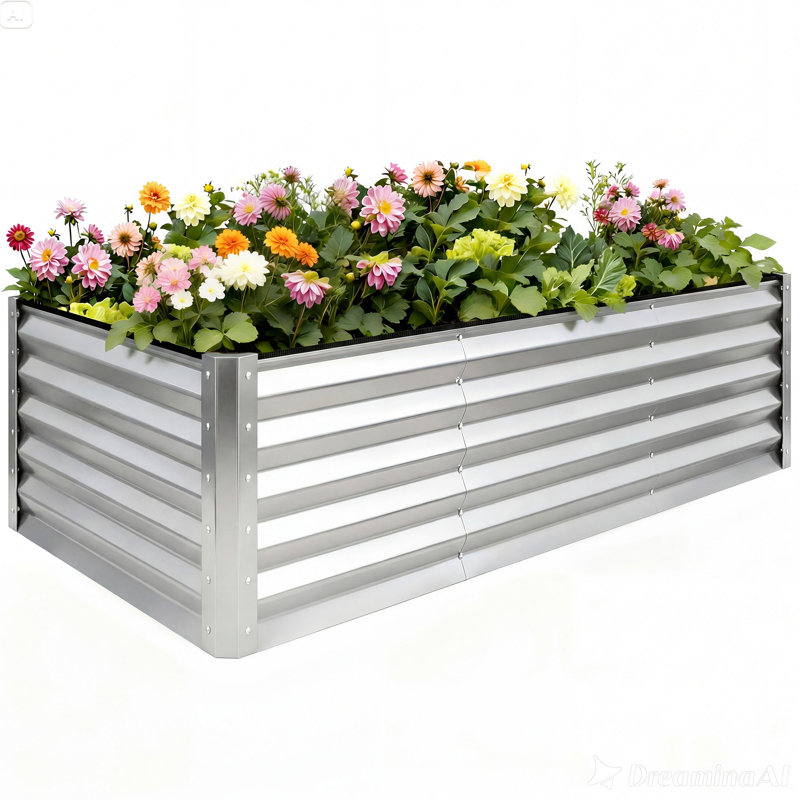 Galvanized Raised Garden Bed With Gloves, Silver, 36" H x 96" W x 48" D