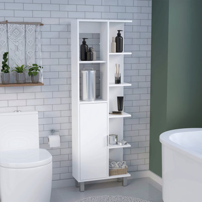 63" H Linen Bathroom Cabinet With Seven Open Shelves, One Drawer And Four Legs,White