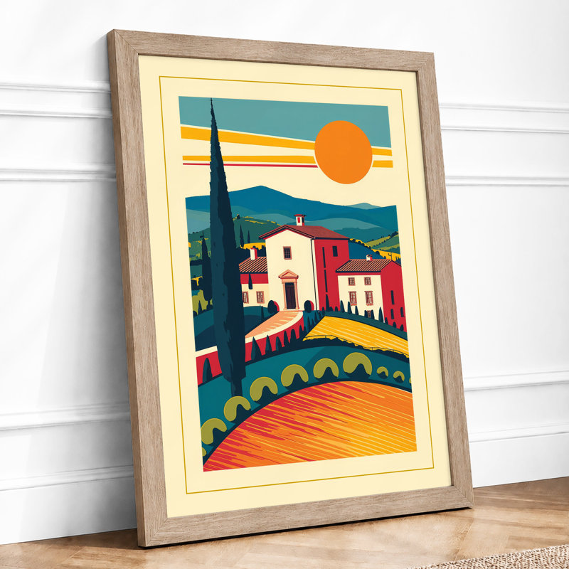Mediterranean Village in Gold Retro - Framed Print, A1 - 84.1 x 59.4 cm, Oak