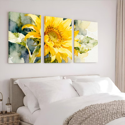 Aquarelle de tournesol, art mural sur toile, ensemble de trois pièces pour le salon ou la chambre à coucher