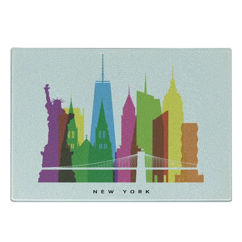 Ambesonne American Tempered Glass Cutting Board New York Landmarks Multicolor
