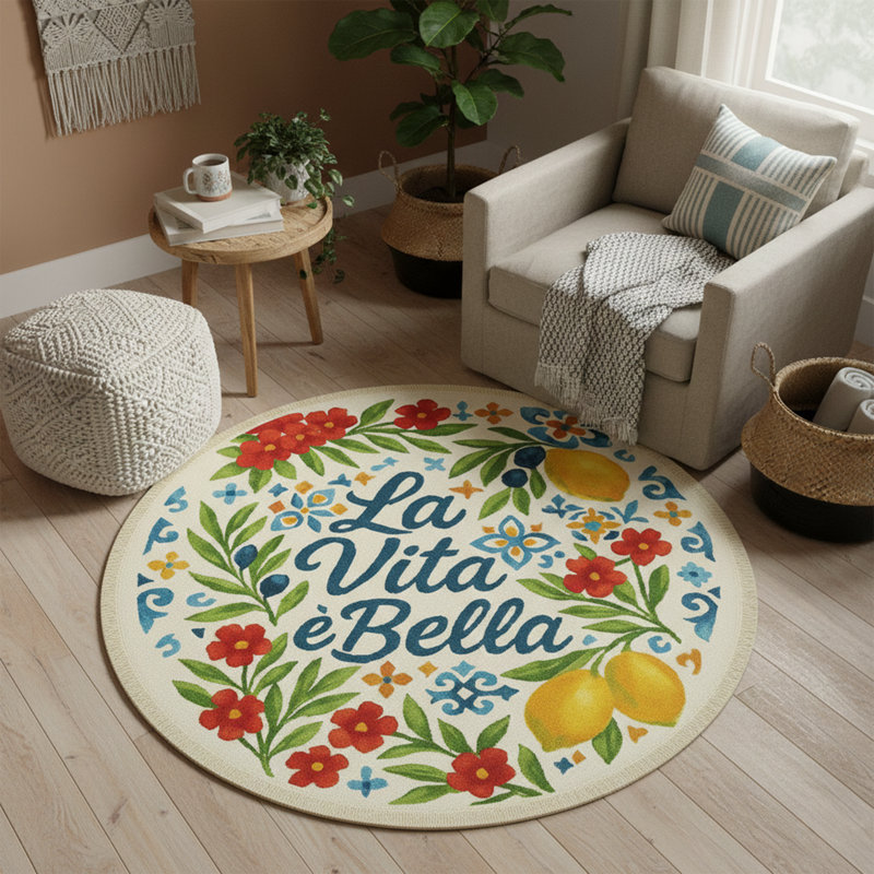 Tapis décoratif rond en coton d'inspiration italienne «La Vita È Bella», Rond 2 pi 8 po