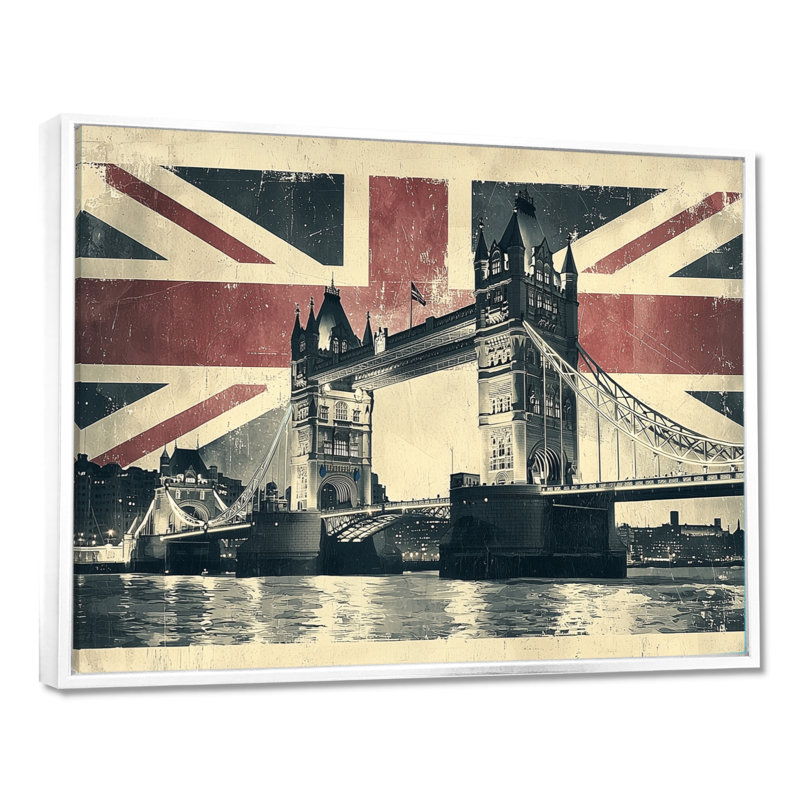 Rétro pont sur le drapeau du Royaume-Uni, art mural rétro, H 24 po x l 32 po, Impression encadrée flottante, Blanc