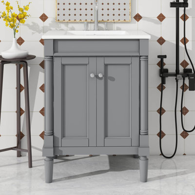 Meuble-lavabo de salle de bain chic 24 po avec évier sur-comptoir et armoire de rangement à deux niveaux de style contemporain