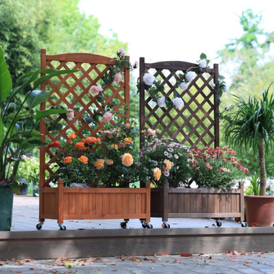 50"H 2-Piece Mobile Outdoor Raised Garden Bed Wood Planter Box With Trellis And Wheels