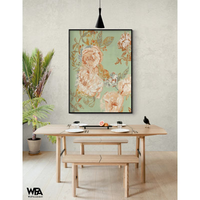 «Garden Senses I» par Maya Woods, affiche d'art mural irrégulier incurvé couleur saumon, impression de chrysanthème et de pivoine