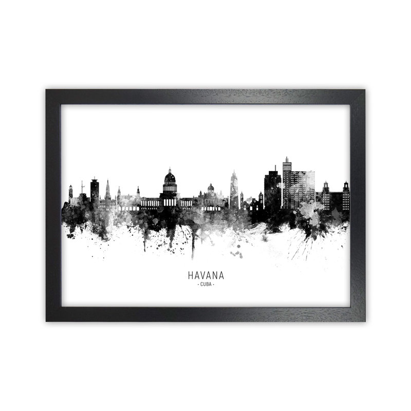 Havana Cuba Skyline Black White City Name by Michael Tompsett - Print, 64cm H x 88cm W x 3cm D, Black Framed