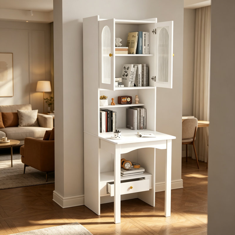 Bureau avec bibliothèque de 24 pouces de hauteur avec table d'écriture pliable pour studio de bureau personnel, table d'écriture convertible en bois avec vitrines et tiroir de rangement, blanc