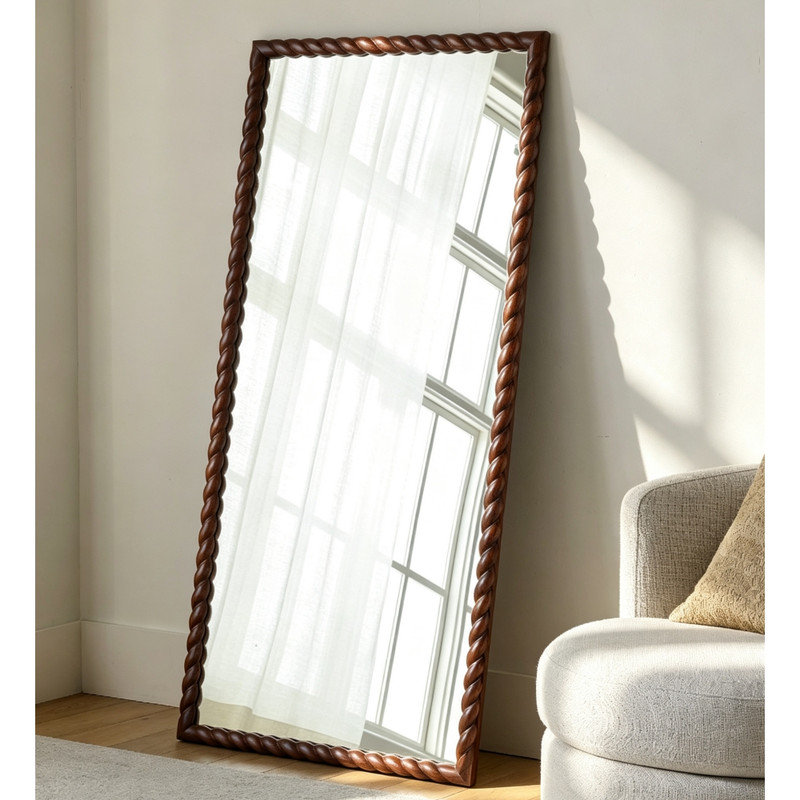 Solid Wood Rectangle Leaning and Wall Full Length Mirror, Walnut