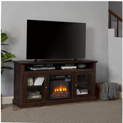 Contemporary TV Media Stand Modern Entertainment Console with 18" Fireplace Insert for TV Up to 65" with Open and Closed Storage Space, Brown, 60"W*15.75"D*29"H