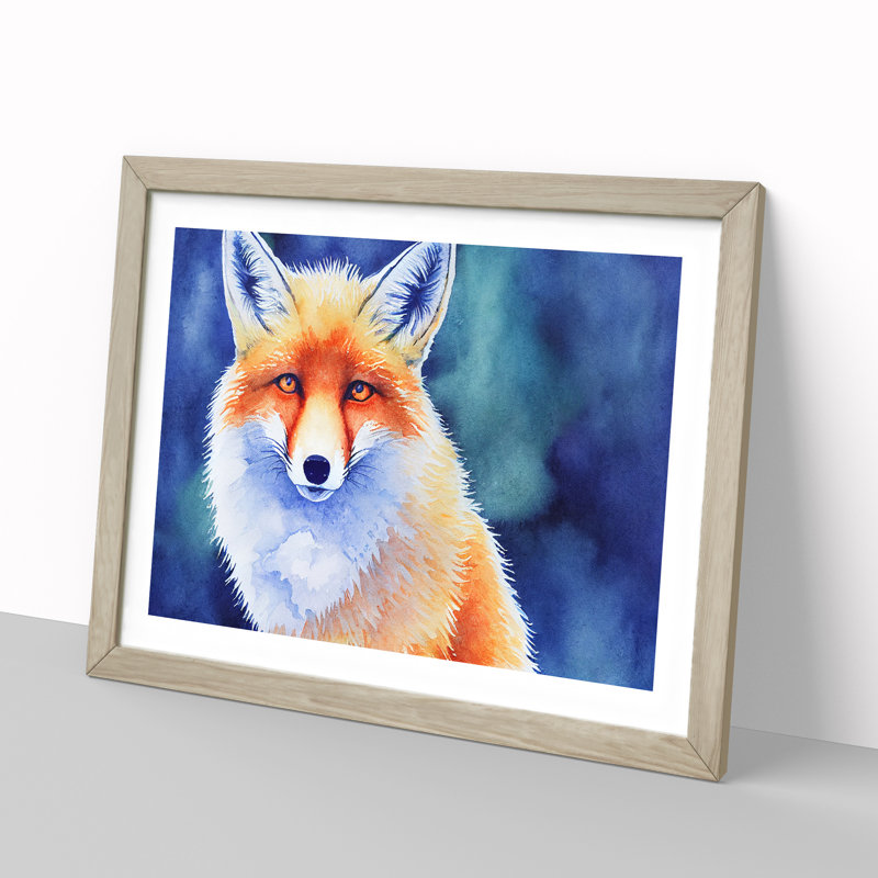Fox Watercolour - Single Picture Frame Print, 46cm H x 64cm W x 2cm D, Oak