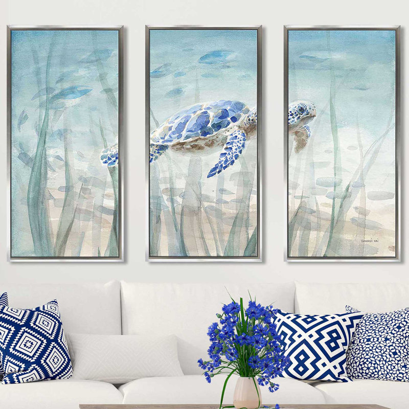 Tortue sous-marine par Danhui Nai, peinture sur toile flottante 3 pièces, L 52,5 po x H 33,5 po