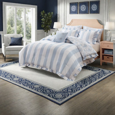 Blue Full Queen Bedding Sets, Microfiber Ruffle Comforter, Romantic Bedroom