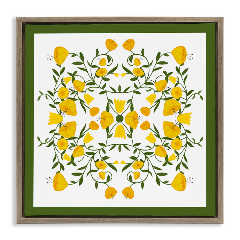  «Golden Blooms Symmetry» par Michelle Ingari Designs, H 25 po x l 25 po, Cadre flottant orme Montalcino