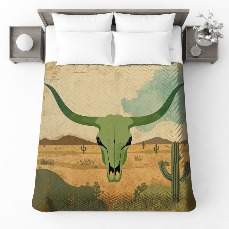 Couvre-lit matelassé Green Bull Skull toutes tailles, Twin