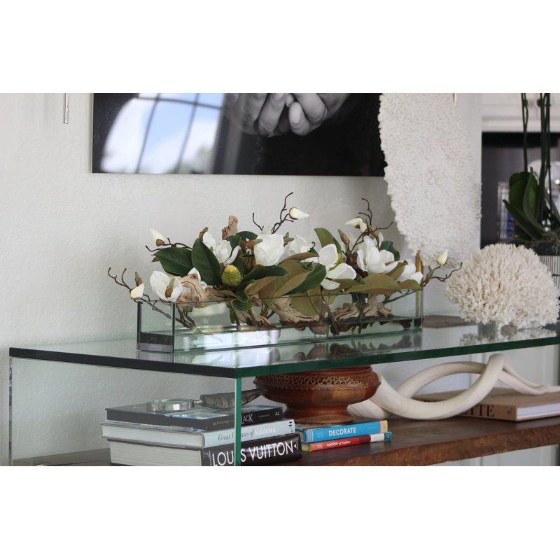 Glass Plate Magnolia Floral Arrangement And Centerpiece In Planter, 10" H x 48" W x 7" D, White