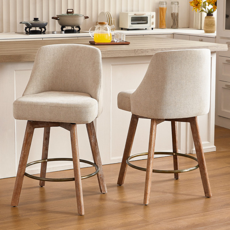 Mid Century Modern Counter Height Bar Stools Set of 2,360° Swivel Barstools with Solid Wood Legs, Island Chairs with Wrap-Around Backrest,Sand Linen Comfort Fabric