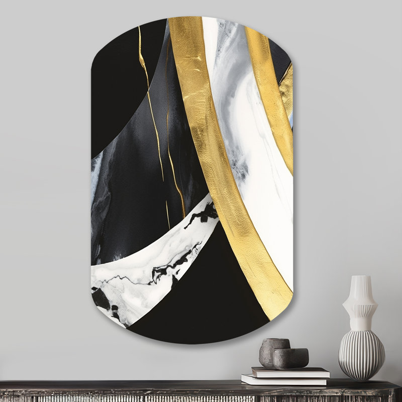 Black And Gold Harmony Of Marble IV - Abstract Marble Cylinder Shape Metal Wall Sculpture, 31" H x 19" W x 1" D