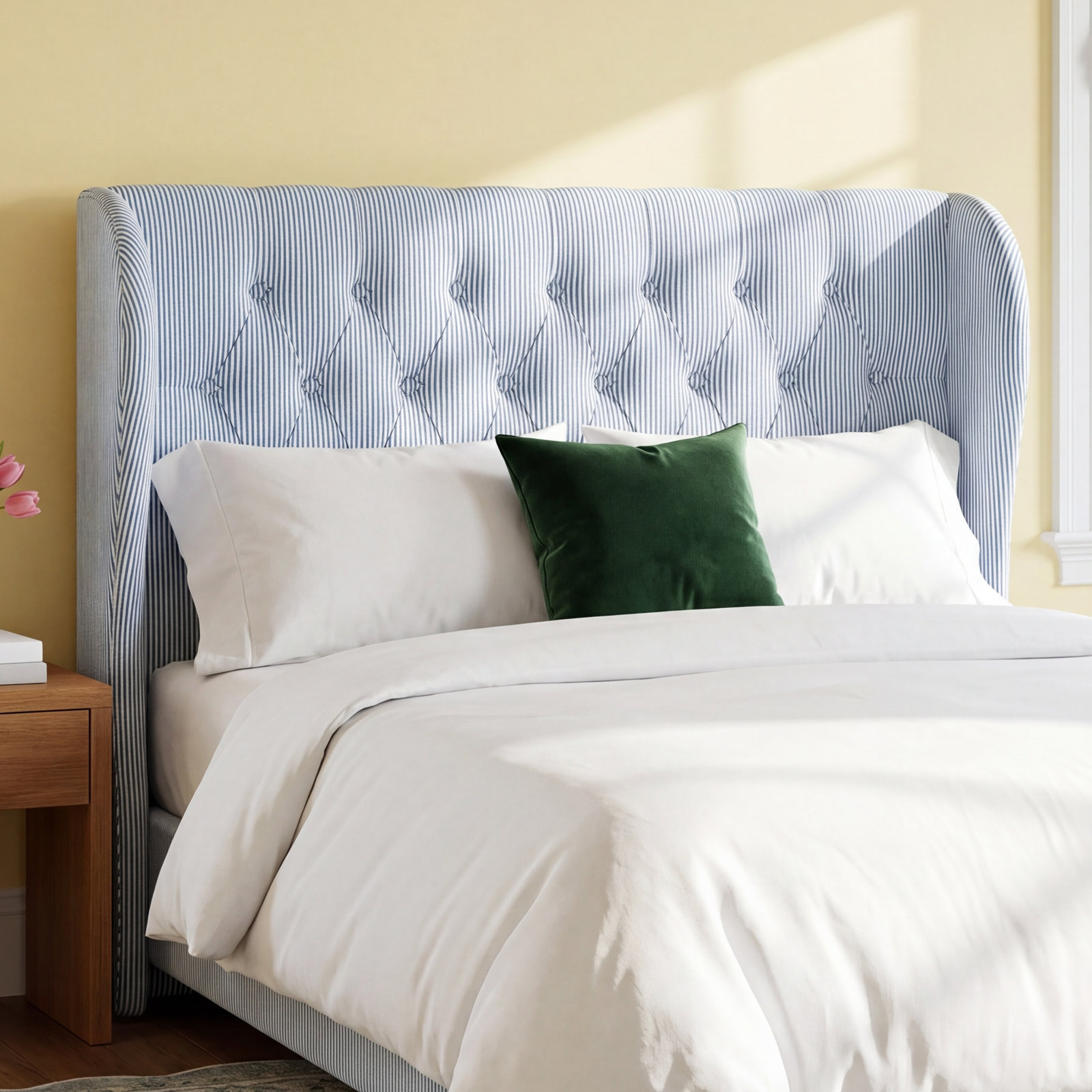 Tomey Cotton Upholstered Headboard, Queen, Prep Stripe Blue