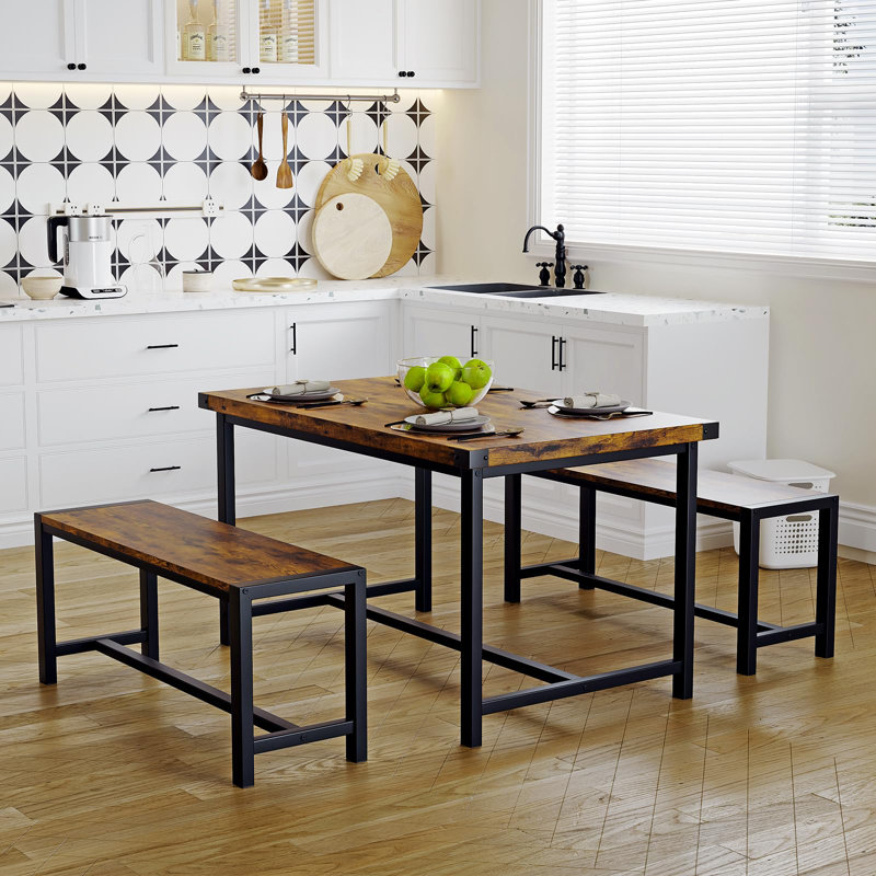 Ensemble de salle à manger 3 pièces peu encombrant pour 4 personnes, table avec 2 bancs, style Mid-Century moderne, structure en métal, espace compact
