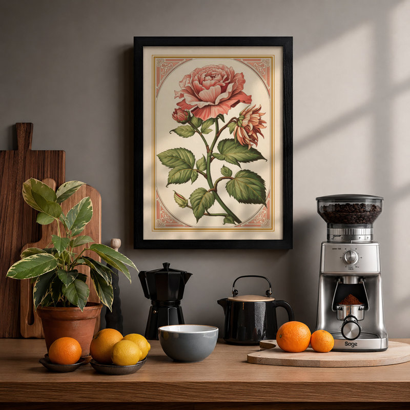 Roses in Gold Botanical - Framed Print, A2 - 59.4 x 42.0 cm, Black