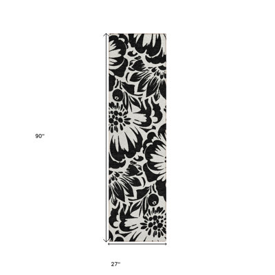 8' Runner Black and Ivory Floral Washable Non Skid Indoor Outdoor Runner Rug