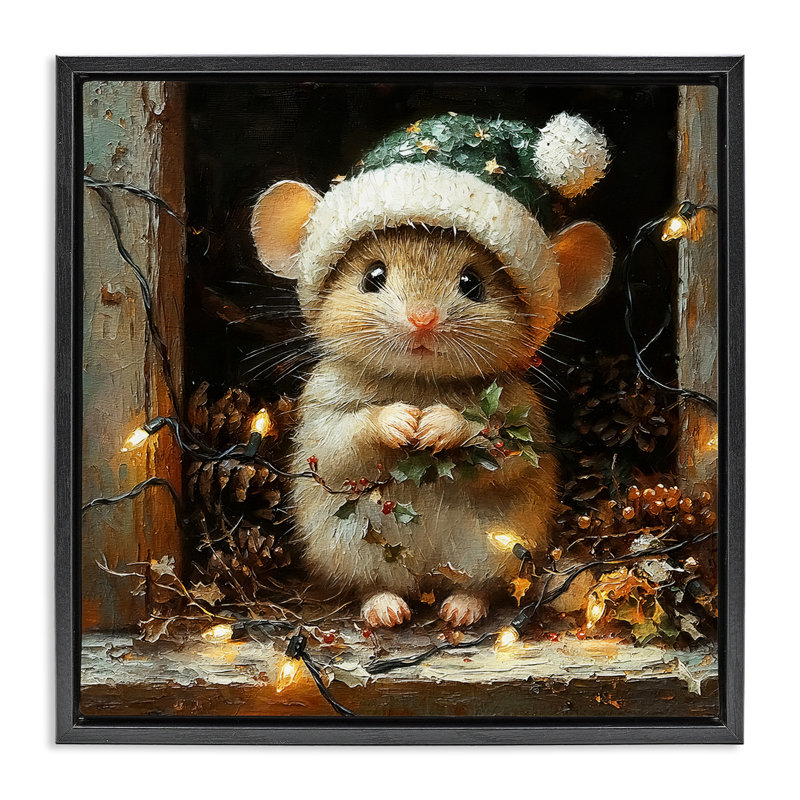 Souris de grange avec cadre flottant lumières de Noël, design par Riley B, Cadre flottant noir de jais, H 18 po x l 18 po