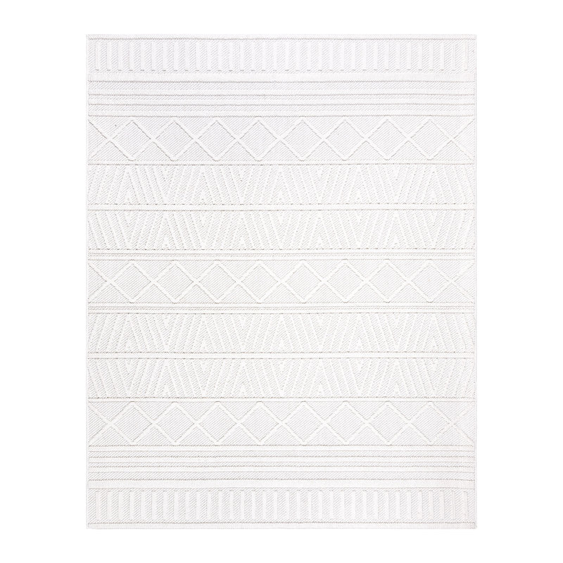 High-Low Loop Pile Indoor Area Rug, White Ivory Modern Geometric Polyester Rug for Living Room & Bedroom – Nylah Lana