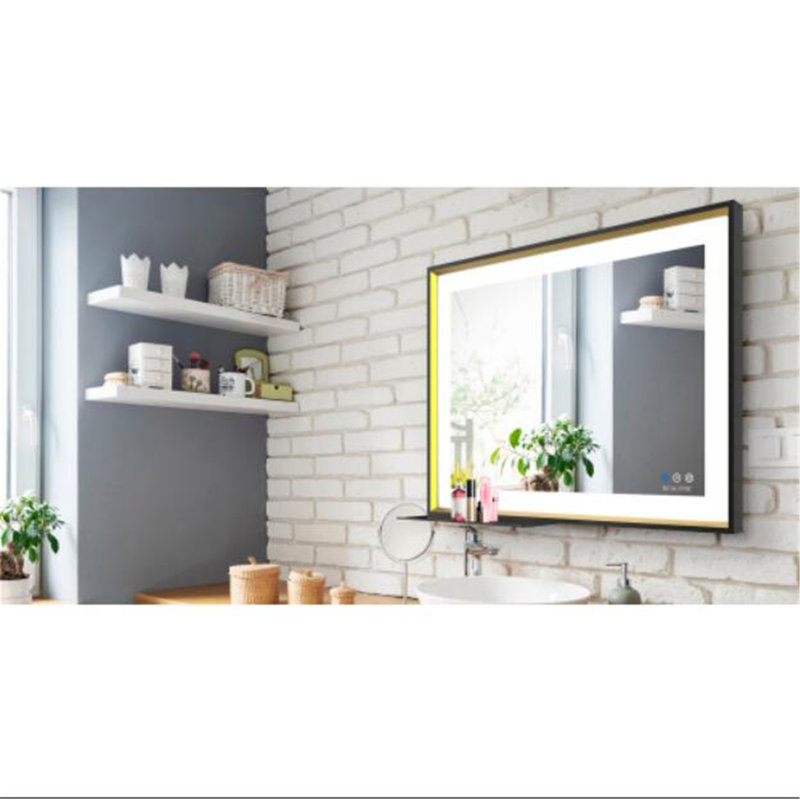 Metal Flat Wall Mirror with Shelves, Black/Gold, 24" x 32"
