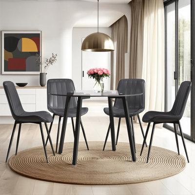 Ensemble de table de salle à manger de 42 po en verre trempé transparent avec 4 chaises en polyuréthane