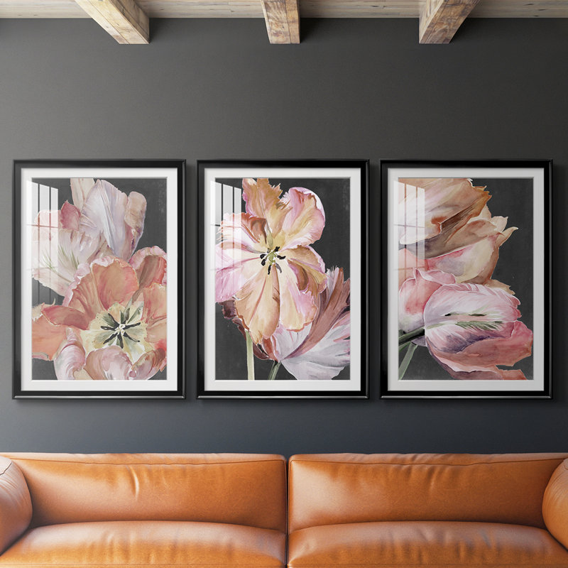 Pastel Parrot Tulips I  -Custom Framed  Premium Print W Matt - 3 Pieces, Black, 21" H x 30" W
