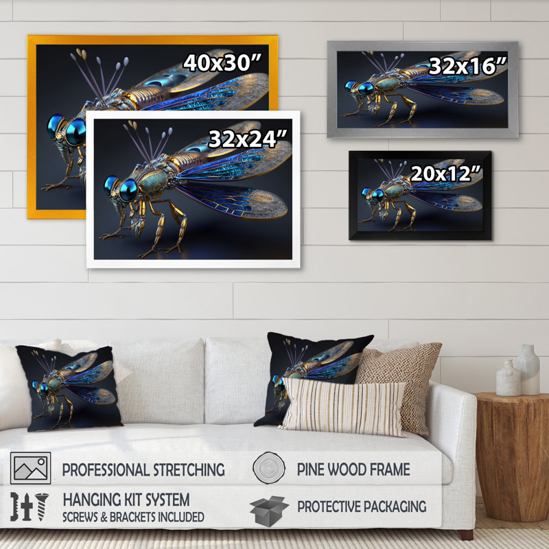 Deshante - Libellule cybernétique en bleu et or I - reproduction sur toile, L 20 po x H 12 po
