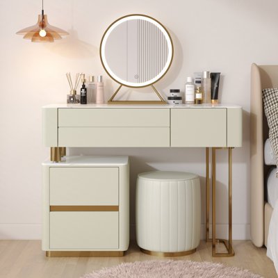 Edorta Vanity Desk with Mirror and Lights, Modern Makeup Vanity Table Set with 4 Storage Drawers and Vanity Stool by Hokku Designs