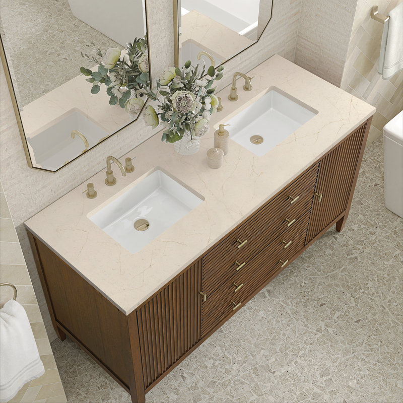 Myrrin 60'' W Double Vanity, Mid-Century Walnut, White Zeus, 8" Widespread