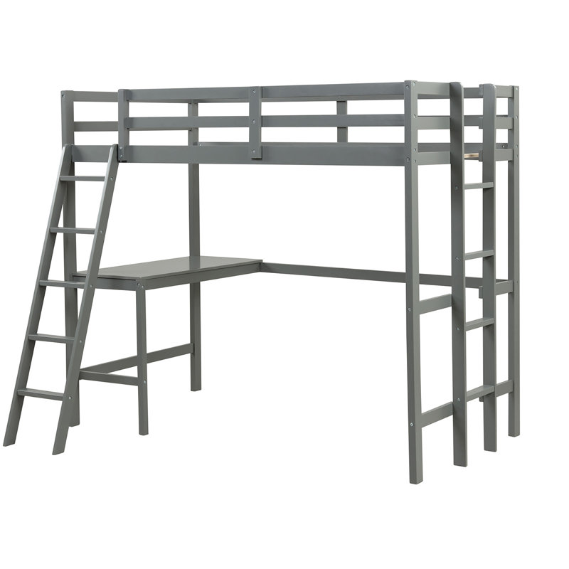 Diamonde Twin Loft Bed Frame W/desk Angled And Built-in Ladder Solid Wooden Frame Gray