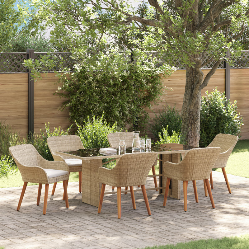 6 - Person Patio Dining Set Rectangular Table, White, Beige