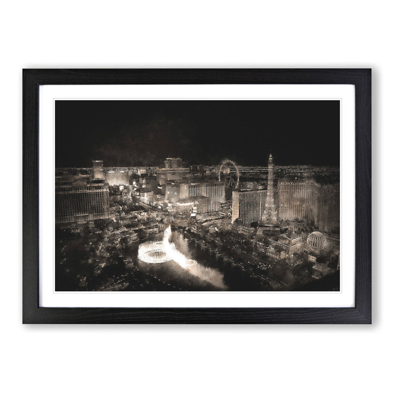 Las Vegas Skyline at Night - Picture Frame Painting Print on MDF, 45cm H x 63cm W x 2cm D, Black Framed