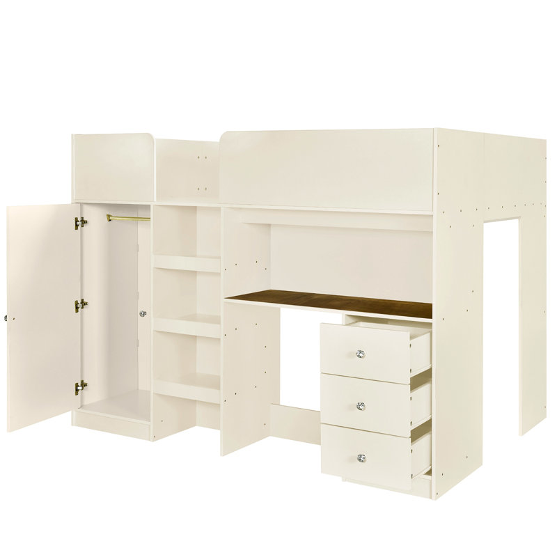 Lit mezzanine en bois avec garde-robe intégré, bureau, tablettes de rangement et tiroirs, Beige