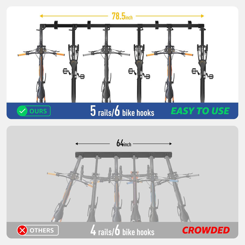 Support à vélo amélioré pour le garage, 6 cintres réglables pour le garage, équipé d'un rail allongé de 78,5 po