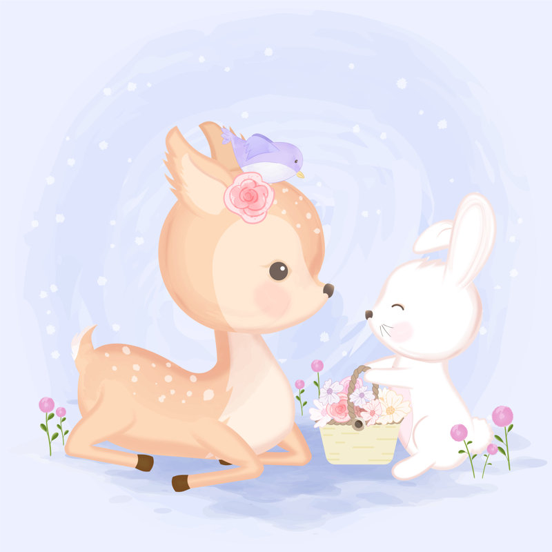 Deer With Rabbit Watercolour by Kheat - Wrapped Canvas Print, 122cm H x 122cm W