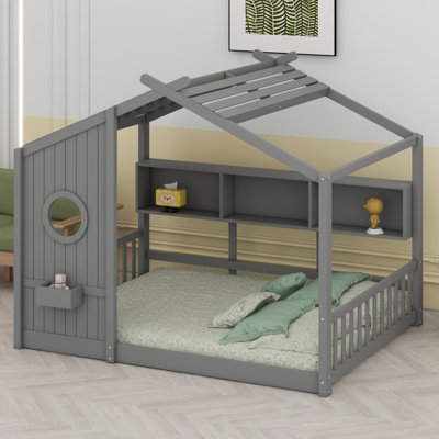 Lit sur pied pour enfant, lit Montessori pour enfants avec tablette de rangement, lit de jeu avec toit