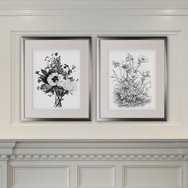 «Botanical Black and White II», ensemble de 2 reproductions de dessins encadrés, Cadre argenté