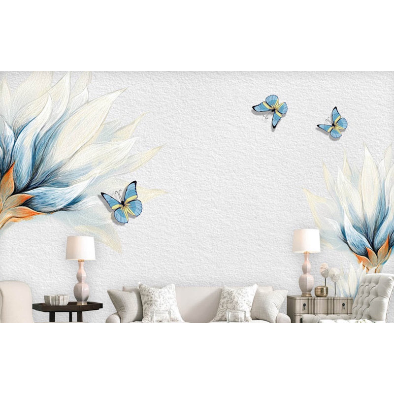 Papier peint petit papillon avec aquarelle et fleur bleue Infinger, l 55 po x L 35 po