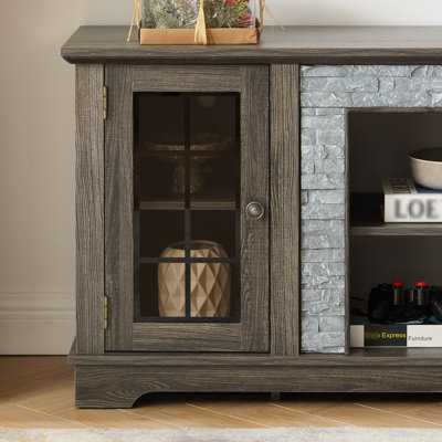 58" Modern Grey Tv Stand With 2-Door Storage, Faux Stone Media Console, 6 Cable Cutouts For Tvs 59.85'' Design, Cabinet, 3 Shelves And Holes Home Entertainment