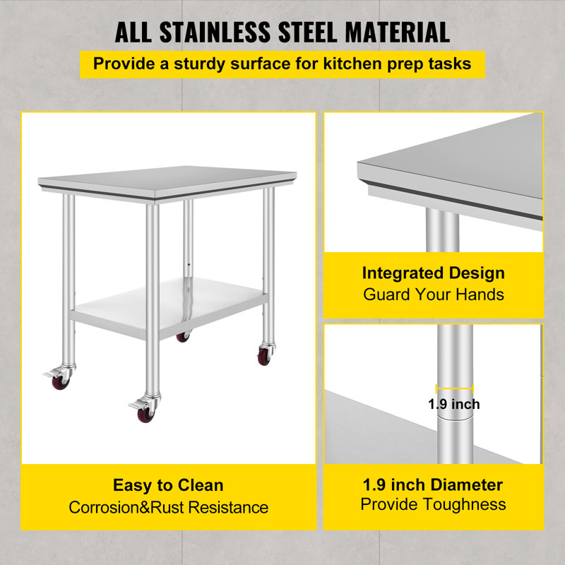 VEVOR 36x24 Stainless Steel Work Table with Caster Wheels