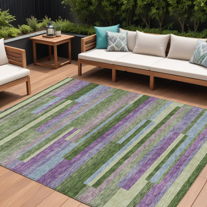 Tapis intérieur lavable rayé vert olive et mauve 10 pi x 14 pi Everette